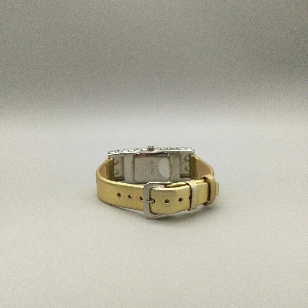 Crystal Bezel Womens Watch 20mm Silver Tone Case Gold Leather MOP New Battery
